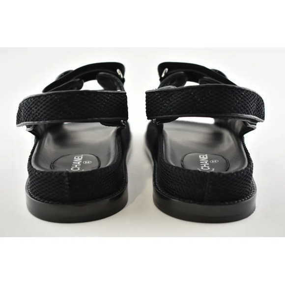 Chanel 21C Black Fabric Silver Logo Mule Slide Strap Flat Teva Dad Sandal 39 - Picture 11 of 12